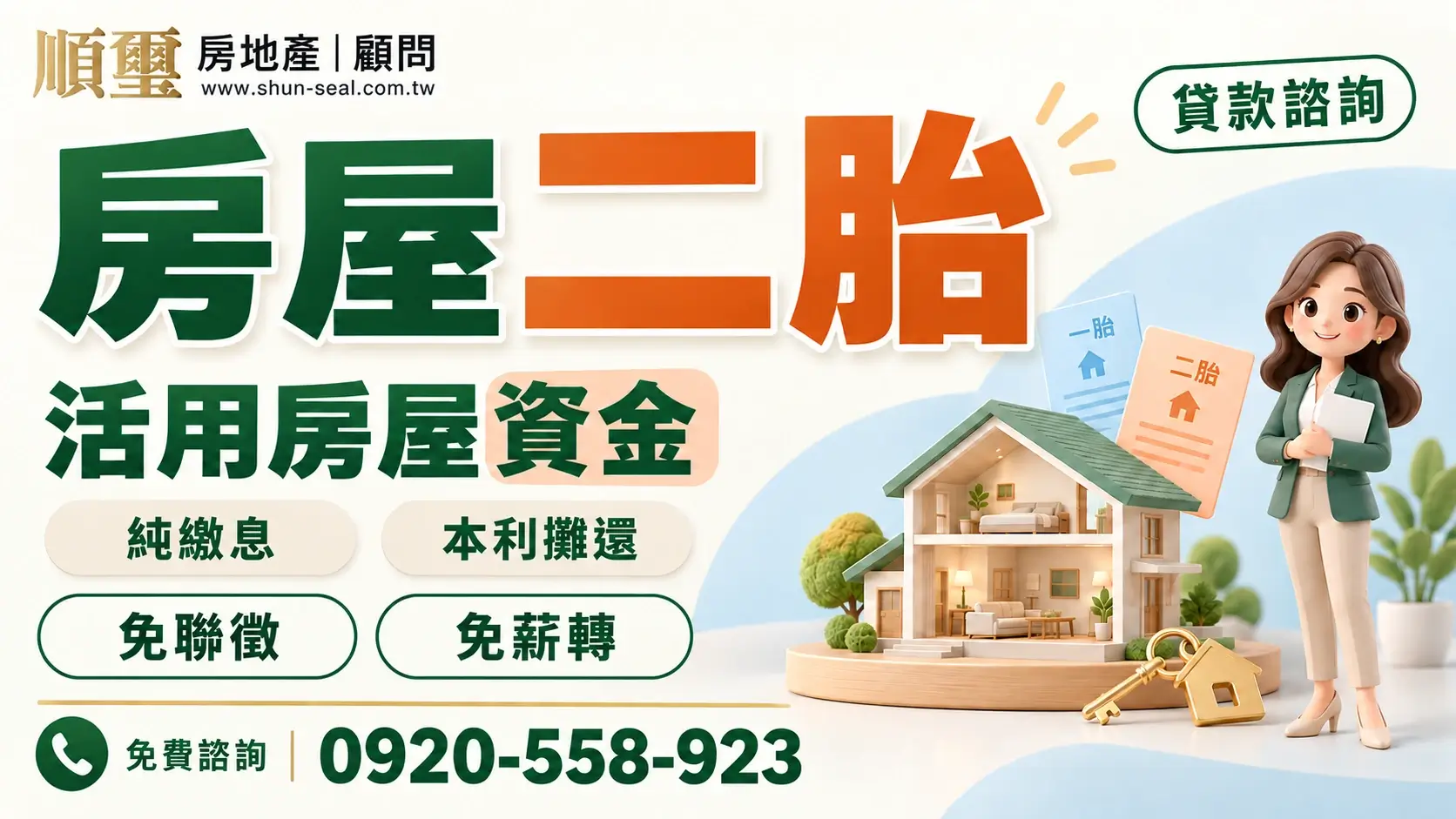順璽房屋二胎服務：純繳息、本利攤還、免聯徵、免薪轉，諮詢電話0920-558-923