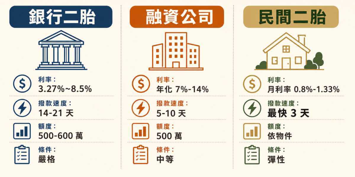 銀行二胎、融資公司二胎、民間二胎三管道利率撥款速度額度比較