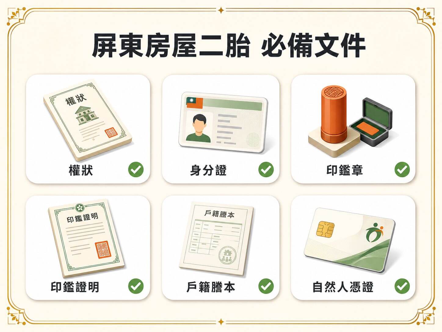 屏東房屋二胎申辦 6 項核心必備文件:權狀正本、身分證、印鑑章、印鑑證明、戶籍謄本、自然人憑證