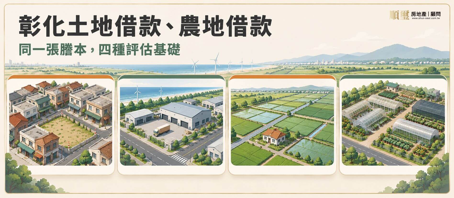 彰化土地借款的四種評估基礎：市街建地、彰濱工業用地、平原農牧用地與園藝苗木農地的等距示意圖