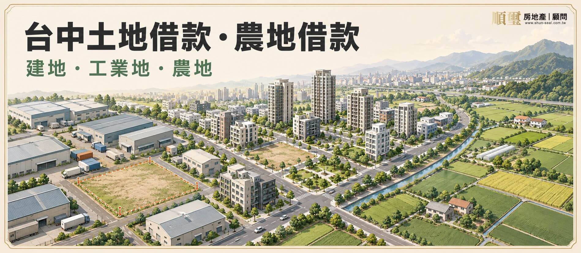 台中土地借款主視覺，海線工業用地、重劃區素地與山線農地三種擔保品的評估對照
