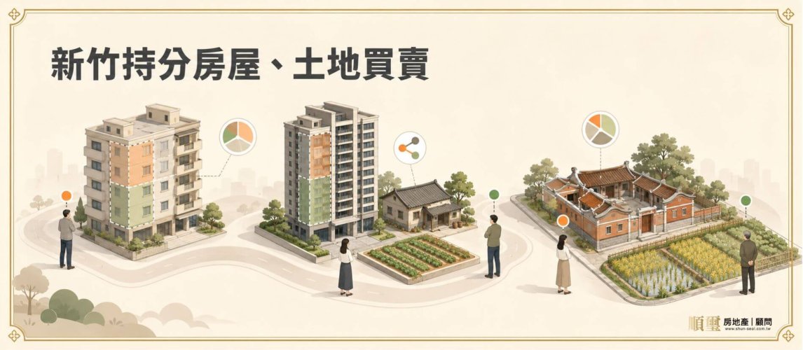 新竹持分房屋、土地買賣，市區公寓、竹北與縣區客家庄祖產的共有持分示意