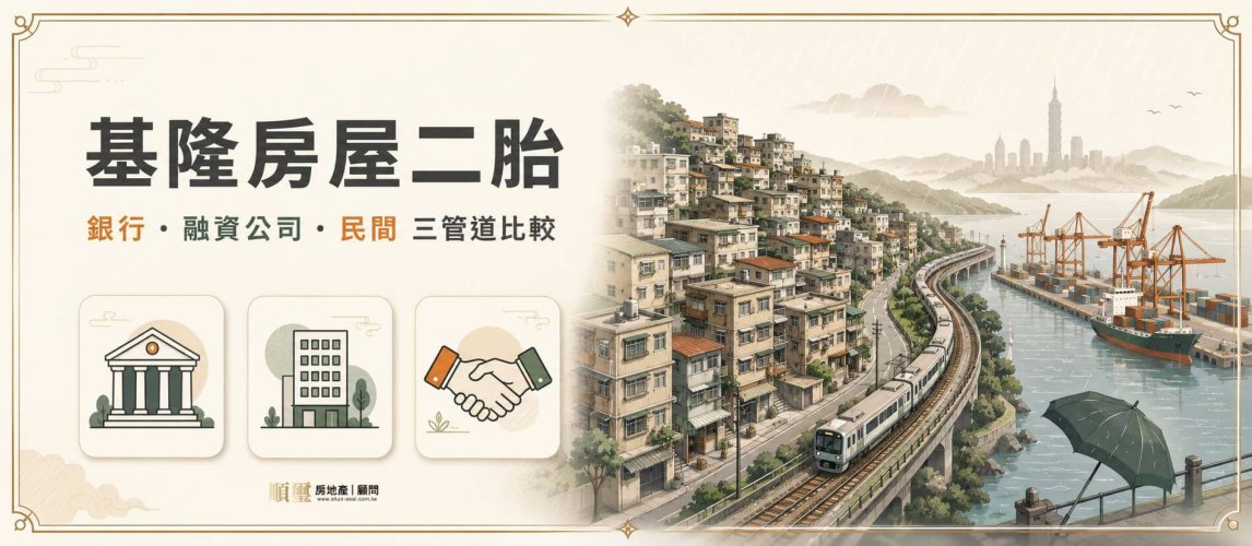 基隆房屋二胎主視覺，呈現雨都港口、山城老屋與住基隆上台北的通勤外溢族，並比較銀行、融資公司、民間三種二胎借款管道