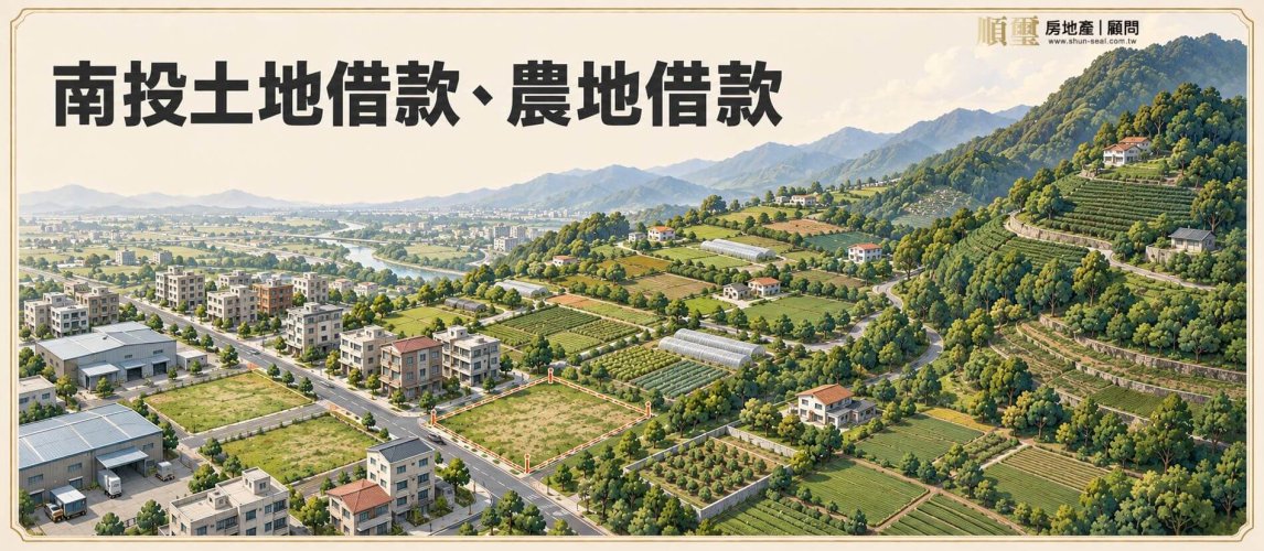 南投土地借款與農地借款評估：盆地建地、台地茶園與山坡地的地形分層示意