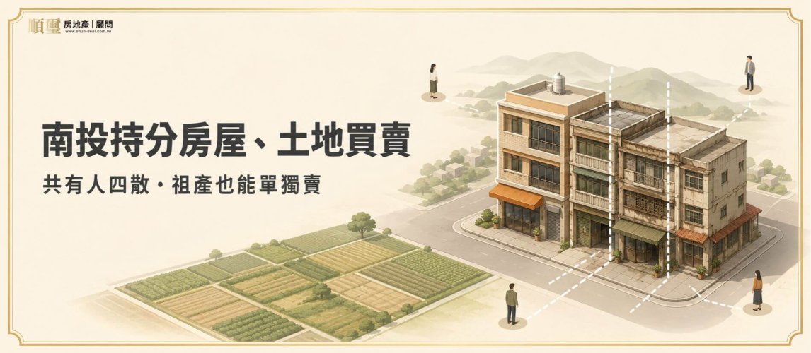 南投持分房屋、土地買賣示意圖：市區繼承透天、觀光店面與埔里盆地平緩農地，呈現共有人四散各地的持分共有狀態
