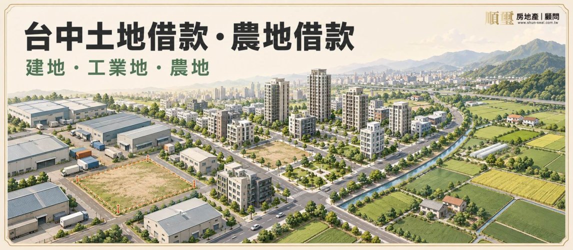 台中土地借款主視覺，海線工業用地、重劃區素地與山線農地三種擔保品的評估對照